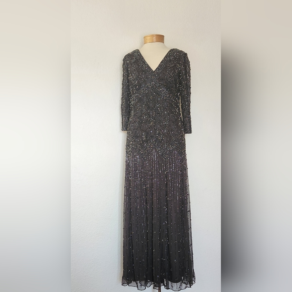 PISARRO NIGHTS Slate Beaded and Sewuin Gown Size 6,FITS like size 8